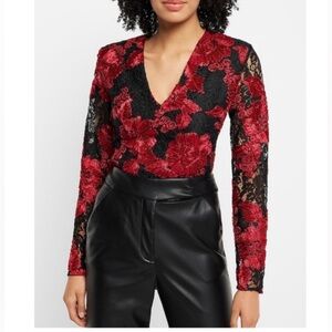 Express Red Black Floral Lace Bodysuit Sexy Holiday Party Date Night Top S